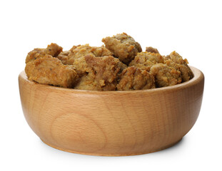 Delicious cooked soy meat in bowl on white background