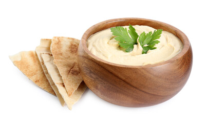 Delicious hummus with pita chips and parsley on white background