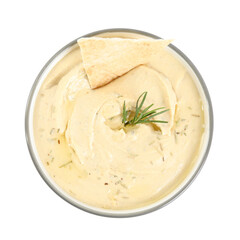 Delicious hummus with pita chip and rosemary in bowl isolated on white, top view