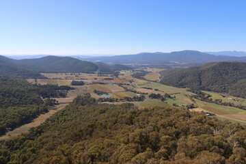 Fototapeta na wymiar Elevated wide-angle view of the King Valley in north-east Victoria, Australia.