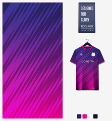 Soccer jersey pattern design.  Abstract pattern on violet background for soccer kit, football kit or sports uniform. T-shirt mockup template. Fabric pattern. Sport background. 