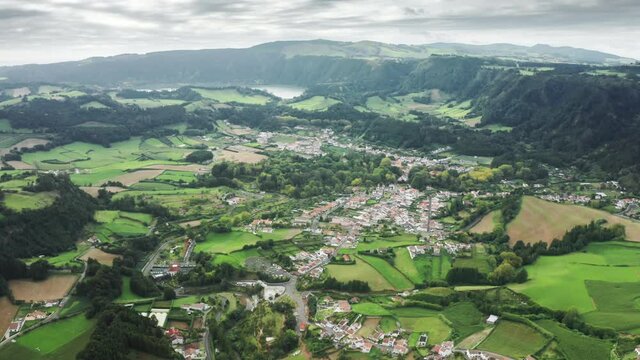Village of Furnas nearby volcanic complex of geothermal springs on Sao Miguel