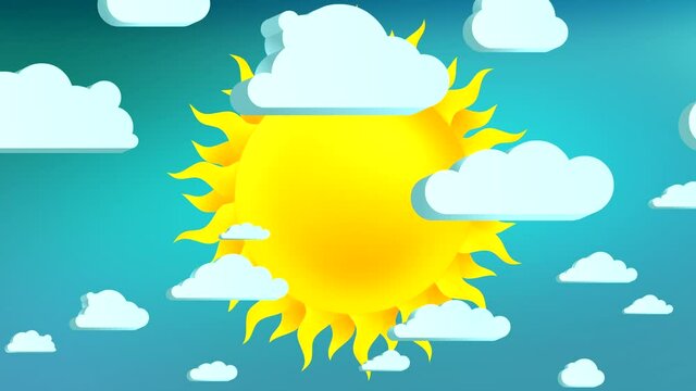 Cartoon moving clouds animation with sun 1 minute 30 fps loop. Blue sky. Good for any project, especially business style background. Perspective different sizes and speed. 