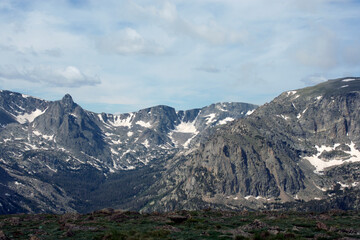 Snow capped mountains landscape shot.