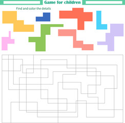  A game for children. Worksheet. Find and paint parts by sample color