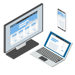 アイソメトリック モニターとノートパソコン、スマートフォンのベクターイラスト