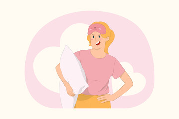Young happy girl hold pillow night bedtime concept