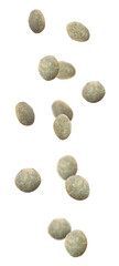Many lentils falling on white background, vertical banner design. Vegan diet