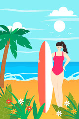 Happy sexy surfer woman with surfing board