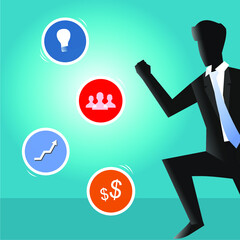 picture of a businessman and various icons in a circle next to it