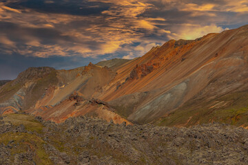 Landscape view of Landmannalaugar colorful mountains and glacier, Iceland