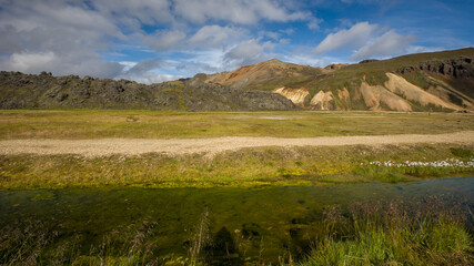 Fototapeta na wymiar Landscape view of Landmannalaugar colorful mountains and glacier, Iceland