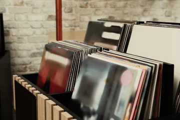 Door stickers Music store Rack with different vinyl records in store