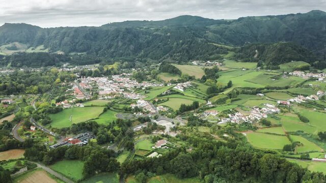 Furnas village in green valley, Sao Miguel Island, Azores, Portugal, Europe