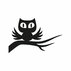 Black owl is sitting on branch. Vector illustration for Halloween.