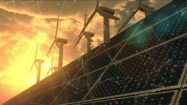 solar cell plant and wind generators connected to smart grid.Energy supply;energy transmission;eolic turbine;distribution of energy;Powerplant;high voltage supply.timelapse sunrise cloud.tech node.