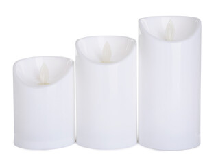 Decorative flameless LED candles on white background