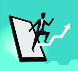 businessman standing on arrows and exiting smartphone
