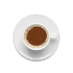 Cup of aromatic hot coffee on white background, top view