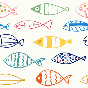 simple colourful fancy hand drawn ocean fishes seamless pattern, background, wallpaper, texture, banner, label, vector design © Nitiwa