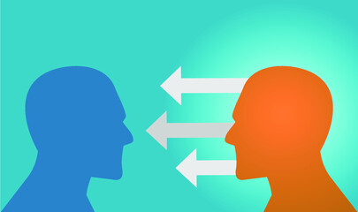 picture of two transparent people's heads with some arrows in the middle