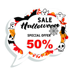 Sale Banner for Happy Halloween holiday. Autumn sale background with 50% discount. Discount card for web, poster, flyers, ad, promotions, blogs, social media, marketing. Halloween Sale special offer.