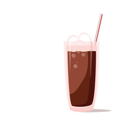 Delicious cocoa drink with marshmallows in a high glass with a straw. Vector cartoon illustration on a white background