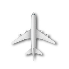 Realistic standing airplane, jet aircraft or airliner top view. Detailed passenger air plane on white Bg.