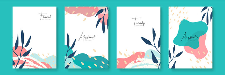 Fototapeta na wymiar Set of abstract leaf floral boho creative universal artistic templates. Abstract trendy art card. Good for poster, card, invitation, flyer, cover, banner, placard, brochure and other graphic design