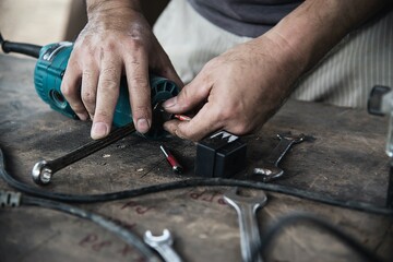 Man preparing electric router laminate trimmer machine tool - carpenter workshop concept