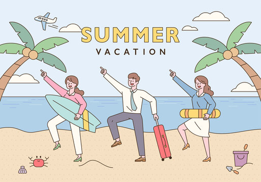 Business people making funny poses with surfboards, swimming tubes and suitcases. Beach background poster with palm trees. flat design style minimal vector illustration.