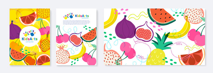Kids Arts background vector. Cute kids logo and stationery. Colorful cover design for advertising brochure, pattern, kids menu, invitation card, kindergarten poster, social media, website background.