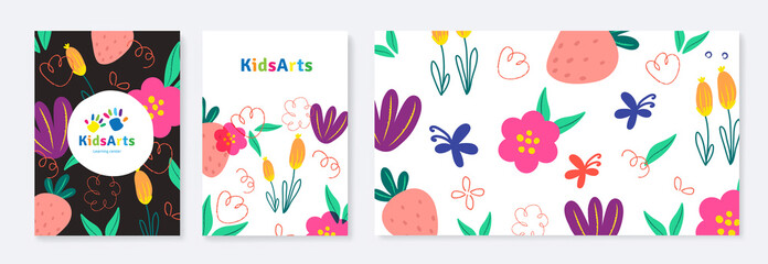 Kids Arts background vector. Cute kids logo and stationery. Colorful cover design for advertising brochure, pattern, kids menu, invitation card, kindergarten poster, social media, website background.