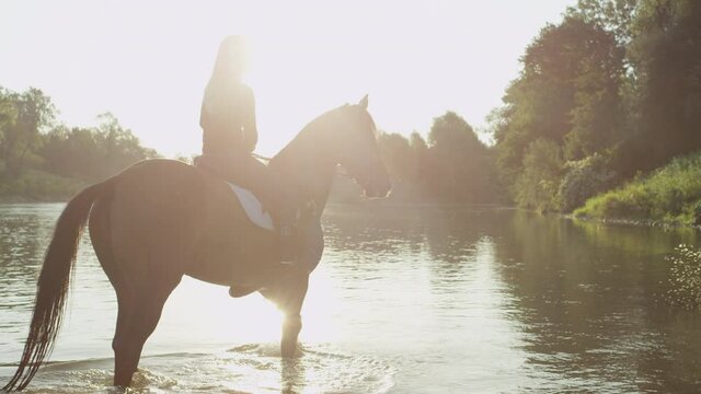 SLOW MOTION, CLOSE UP, LENS FLARE: Two young Caucasian women ride their horses in the cool stream on a hot summer evening. Female horseback riders take their playful stallions into the cold river.