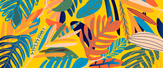 Fototapeta na wymiar Tropical leaves background vector. It includes leaf shapes, pencils and paint brush texture. Pop art botanical design for fabrics, wallpaper, cards, rugs, ceramics, homewares, gadget skins and more.