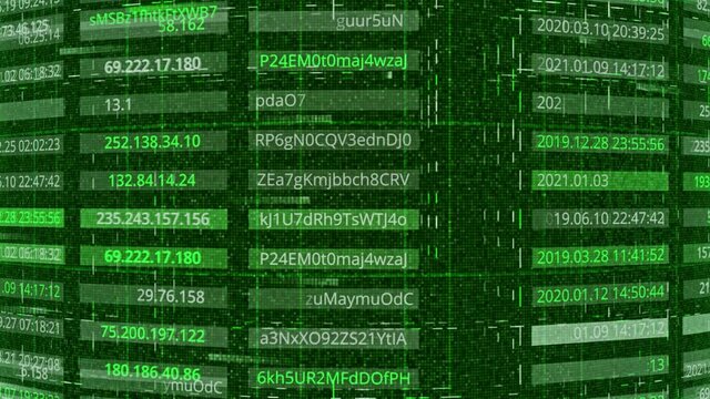 Hacking passwords and addresses. Animation. Passwords and addresses are publicly available after being hacked by hackers. Password configurations in tabular form with personal address data