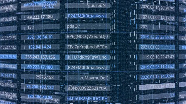 Database with passwords. Animation. Data with IP addresses and passwords in table rows. Computer database with passwords in public domain