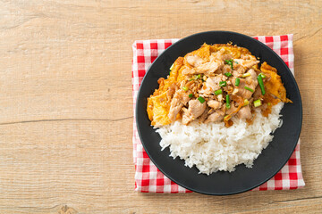 stir-fried pork with garlic and egg topped on rice