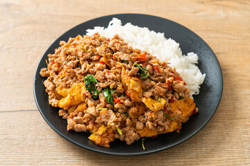 stir-fried minced pork with basil and egg topped on rice
