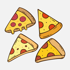 Set Hand drawn pizza icon Design Template. Illustration vector graphic. cartoon.Flat design.Outline style isolated on white background. Perfect for food concepts, diet infographics.