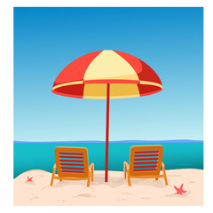 Sun loungers on the beach under an umbrella. Cartoon style. Sea sand. Starfish. Sea. Relaxation. Travels. Concept. Vector illustration