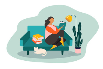 vector illustration on the theme of hobby, learning, reading, self-isolation. the girl is reading while sitting on the couch, next to her is a cat. trend illustration in flat style