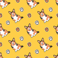 cute seamless vector pattern with corgi dogs and paws on yellow background. pattern for printing on fabric, clothing, wrapping paper, background for websites and applications
