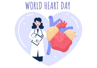 World Heart Day Illustration To Make People Aware The Importance Of Health, Care And Prevention Various Diseases. Flat Design Background Template