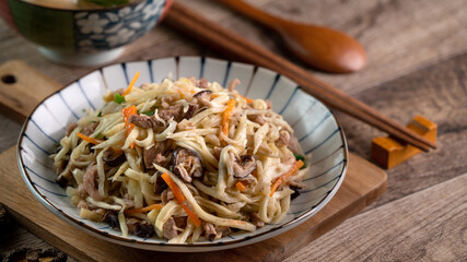 Pork julienne fried with water bamboo shred. Delicious homemade food.