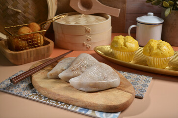 traditional chinese teo chew steam salted sticky rice peach cake kueh snack appetiser food with beautiful display and color halal dim sum menu