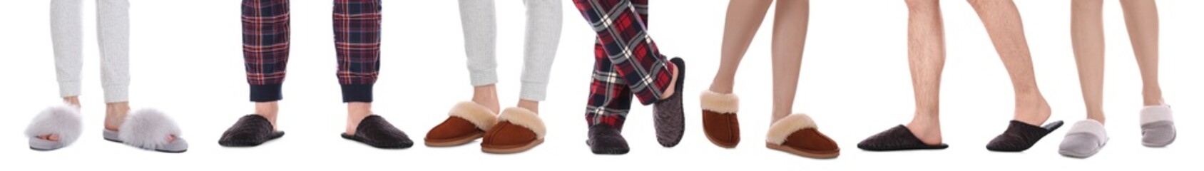 Collage with photos of people wearing stylish slippers on white background, closeup. Banner design