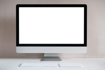 Isolated with clipping path, Modern All in One Desktop computer with wireless keyboard and touchpad.