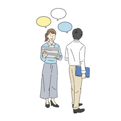 立ち話をする男女、ビジネスシーン、チーム、会話、打ち合わせ