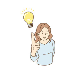 解決策を提案する女性、ビジネス、電球、ひらめき、アイディア
